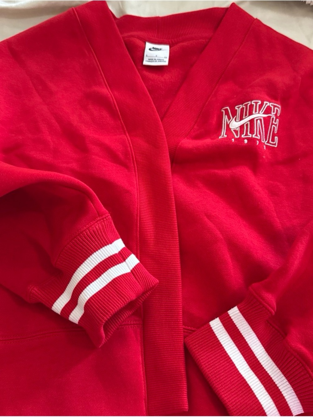 Nike Kids Red V-Neck Athletic Jacket with White Stripe Cuffs